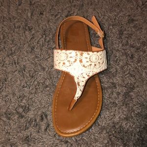 brown and white sandals